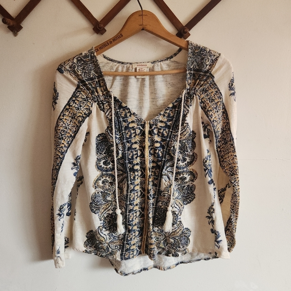 Sundance Peasant Long Sleeve Top Cream Navy Paisley Cotton Modal X Small